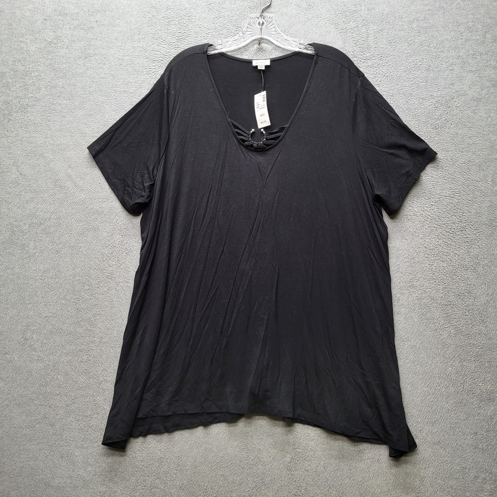 Avenue Women Shirt 22/24 Black Beaded‎ Cut Out V-Neck Pullover NWT